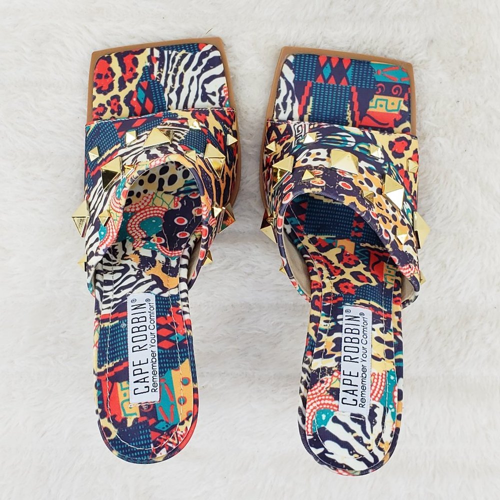 Popo Slip On Sqaure Open Toe High Heels Clogs Mules Slides  multi Color Print - Picture 8 of 9